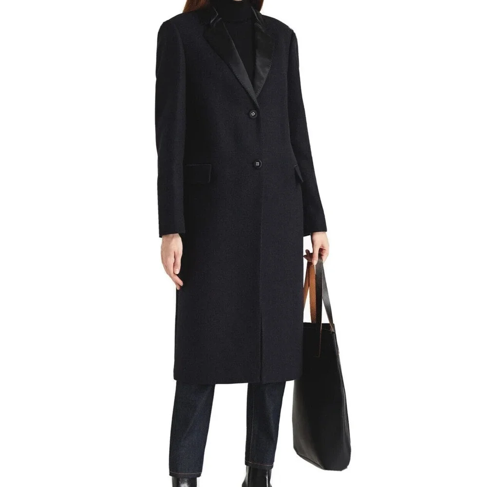 Officine Generale Coat Eden Satin Trimmed Wool Blend 38 US 6 Dark Navy Blue